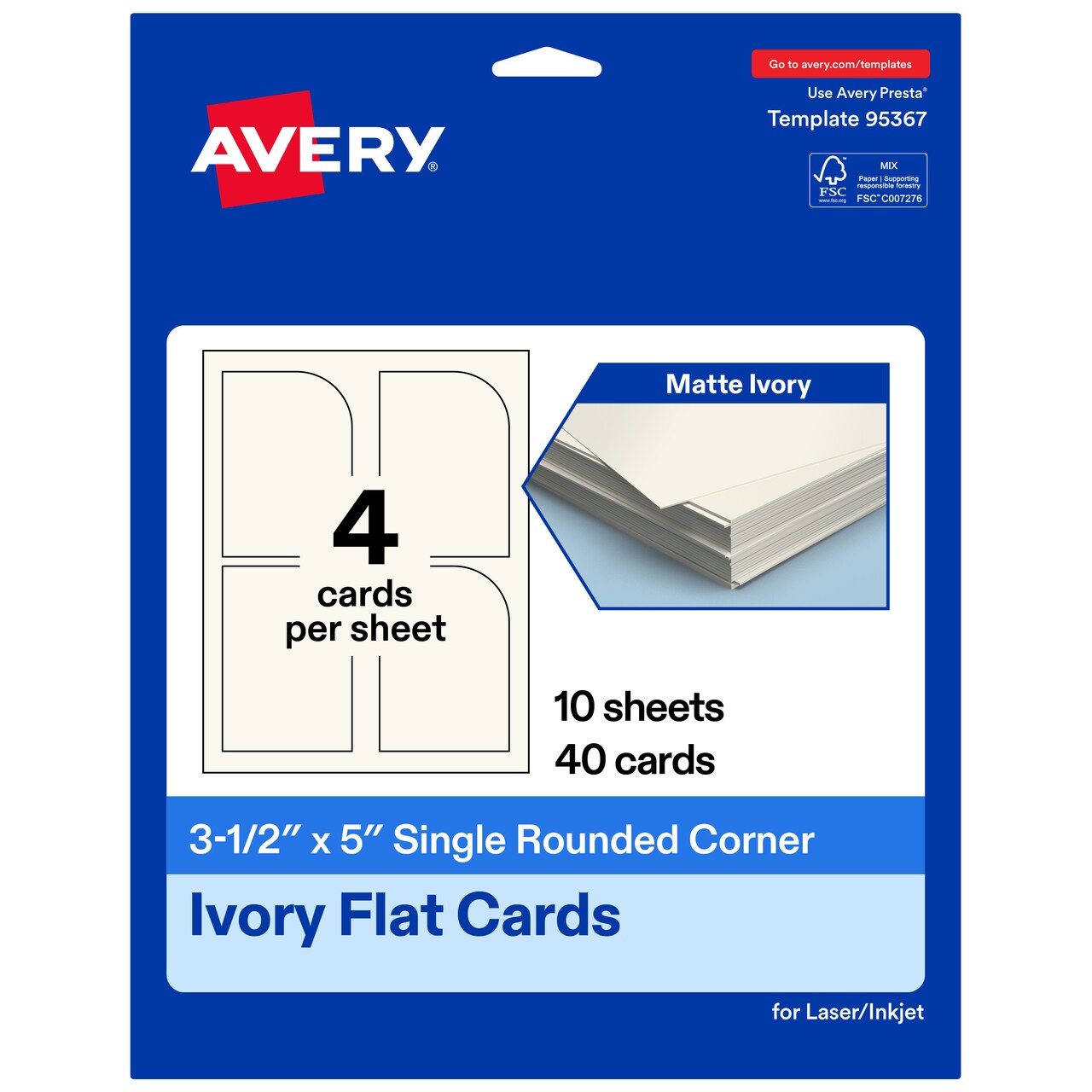 Avery Printable Single Rounded Corner Rectangle Flat Cards, 3-1/2" x 5", Matte Ivory Cardstock, Print-to-The-Edge, Laser/Inkjet Printable, 40 Total, Great for Product Branding, Marketing, and More